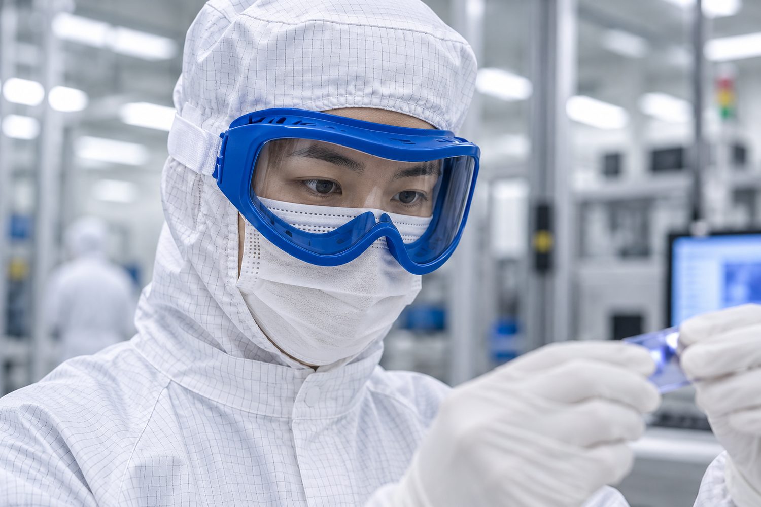 A cleanroom operator in a white ESD hood, face mask and blue goggles that sit close to the face, holding a wafer carrier
